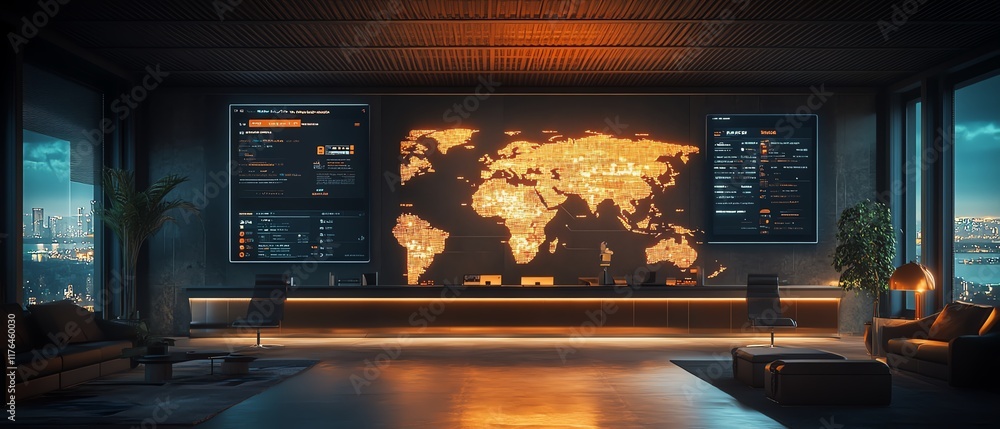Poster digital flight booking concept with a global map and data interface in 3d rendering, showcasing a fu