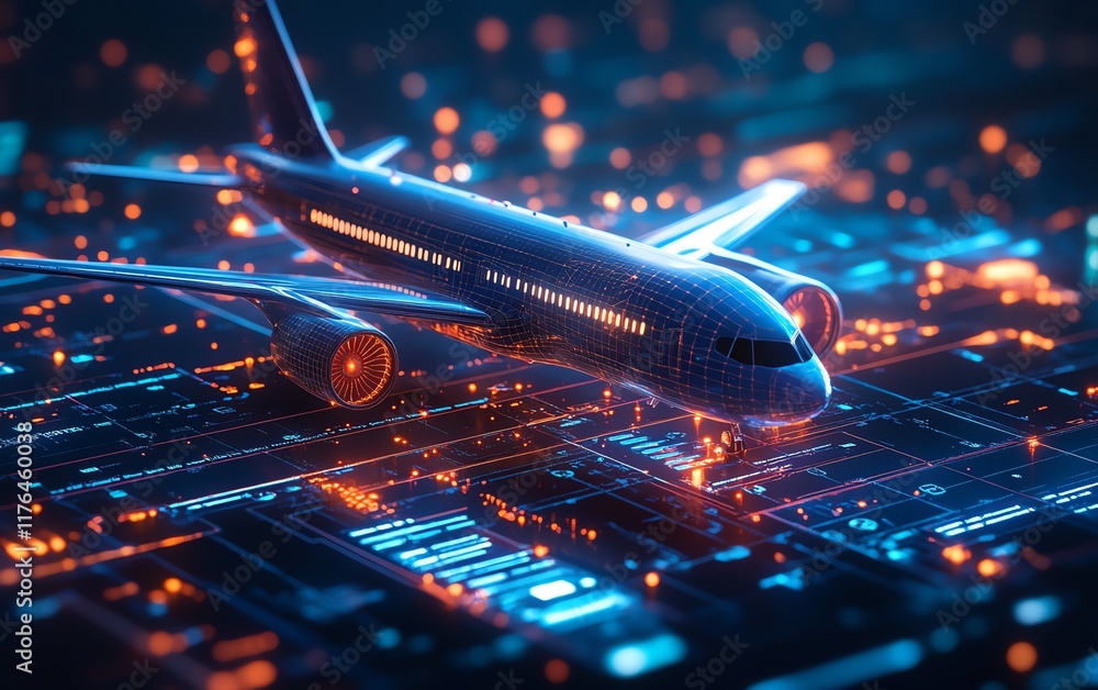 Poster digital flight booking concept featuring a global map and data interface, rendered in 3d, showcasing