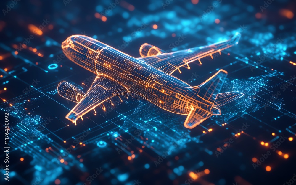 Poster digital flight booking concept featuring a global map and data interface, rendered in 3d, showcasing
