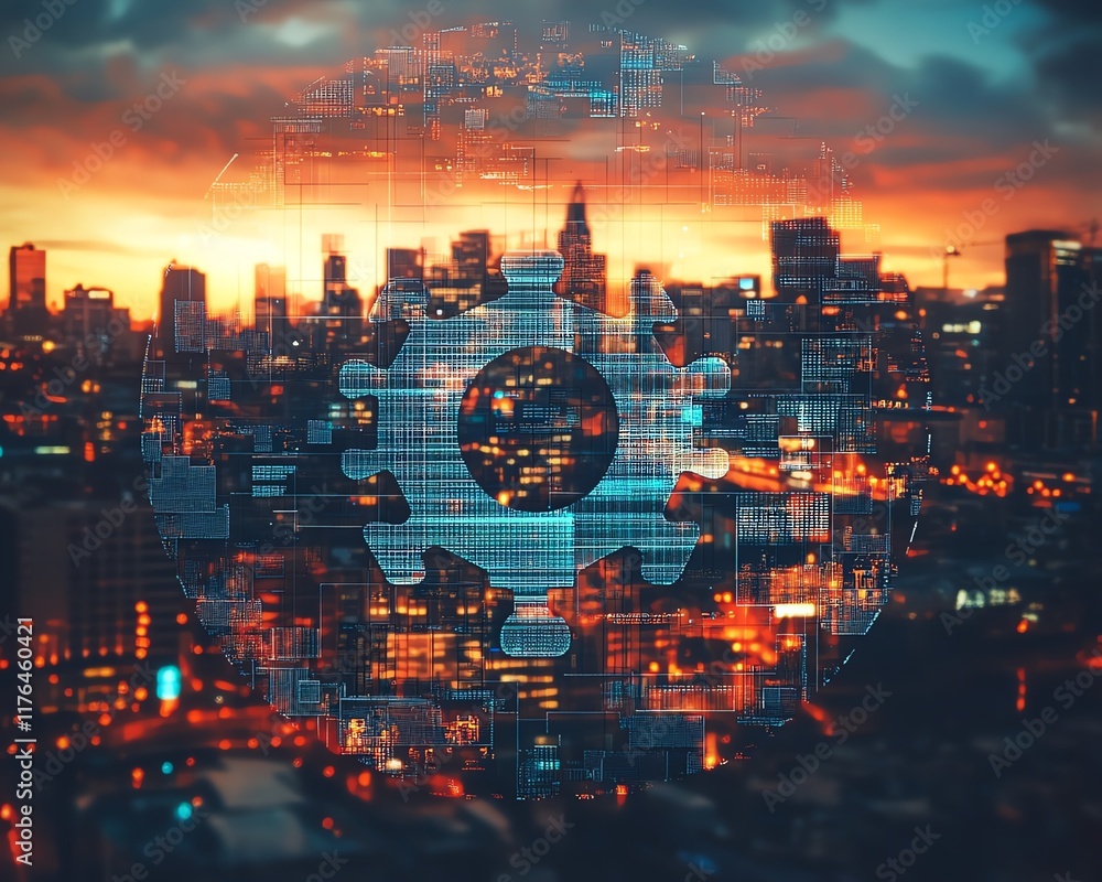 Poster dynamic round hologram of data management with jigsaw puzzle pieces