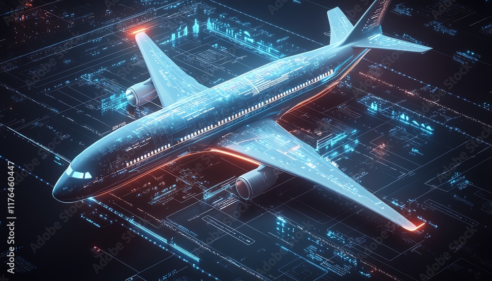 Poster futuristic digital flight booking concept with global map and interactive data interface in 3d, symb