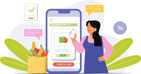 An e-commerce grocery illustration featuring a mobile cart checkout, with a user shopping on their smartphone, adding items like fruits, vegetables