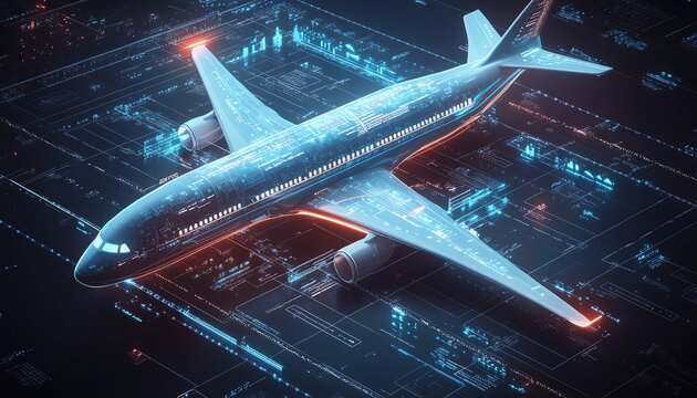 Futuristic digital flight booking concept with global map and interactive data interface in 3D, symbolizing seamless travel planning and advanced technology