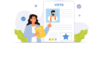 An election rally illustration featuring a politician delivering a passionate campaign speech on stage, surrounded by enthusiastic supporters holding banners and signs