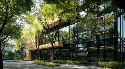 Fototapeta premium Eco-friendly office building adorned with trees, highlighting sustainability and CO2 reduction in urban architecture. 
