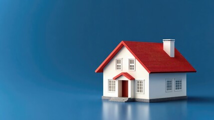 A miniature representation of a house featuring a red roof and white walls, isolated on a blue background, symbolizing home ownership and real estate concepts. Real estate banner with copy space.