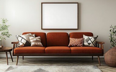 Minimalist living room with blank frame, sofa, plants, and rug.