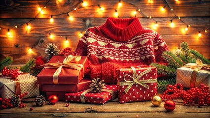 Naklejka premium Vintage Christmas Sweater, Festive Presents, Holiday Cheer
