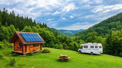Eco-Friendly Camper Van, Renewable Energy Mobile Home, Solar Powered Camper car Solar Powered Camper Beside Wooden Cabin in Nature