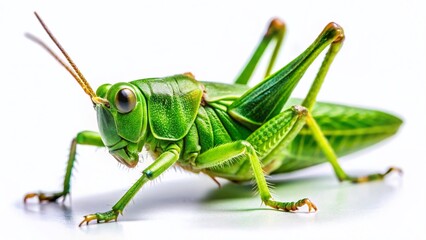 Vintage Close-up of Green Grasshopper Isolated on White Background