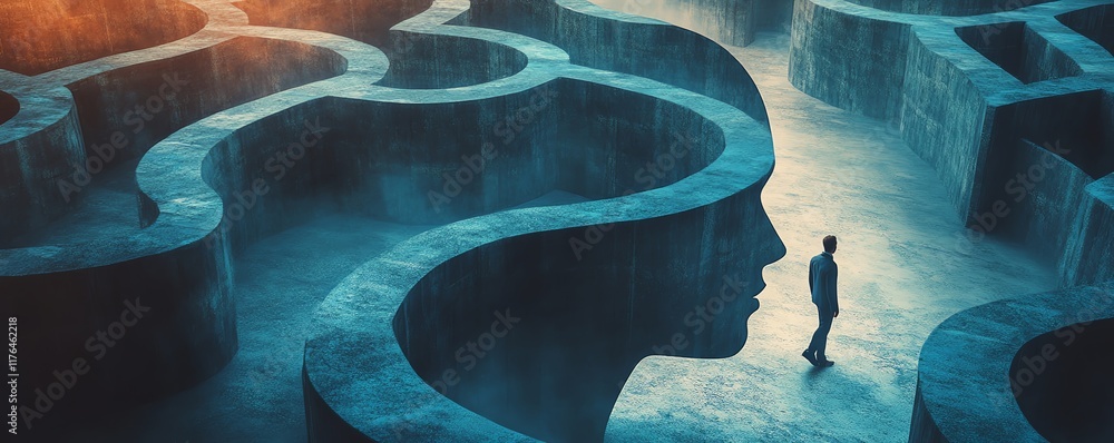 Poster abstract concept of a man walking through a corridor shaped like a human head, with a maze design sy