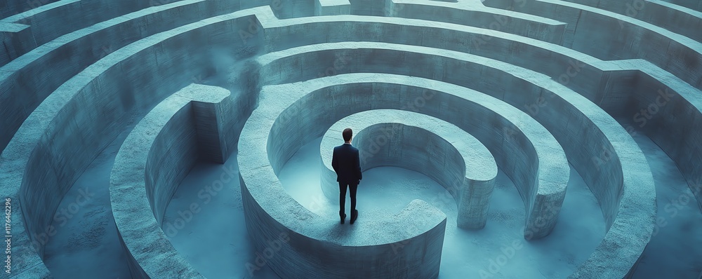 Poster abstract concept of a man walking through a corridor shaped like a human head, with a maze design sy
