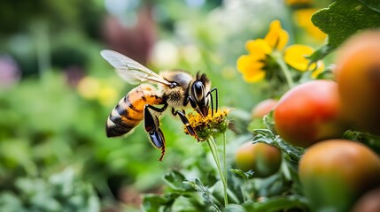 A bee pollinating flowers in a lush garden with vegetables and fruits growing nearby