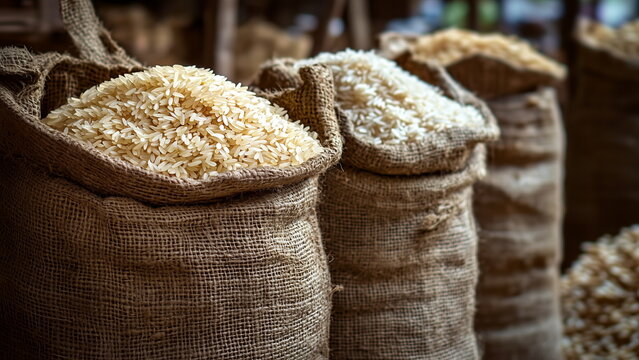 Brown colour sacks of white rice at the Asian wholesale store or traditional market, staple food for Asia as carbohydrate