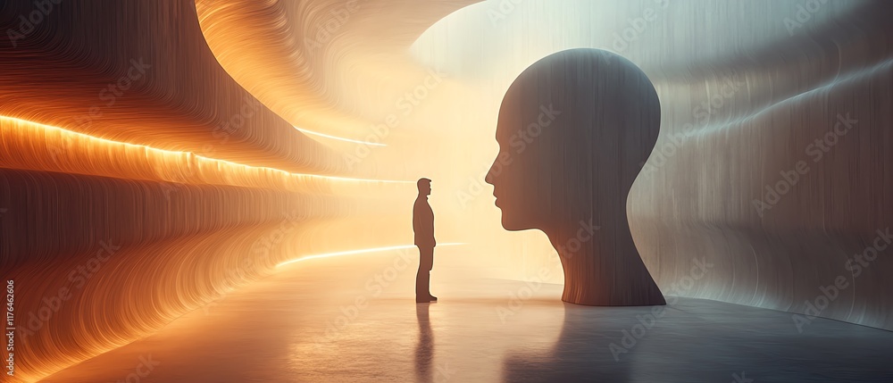 Poster abstract scene of a man walking through a corridor outlined in the shape of a head, symbolizing the 