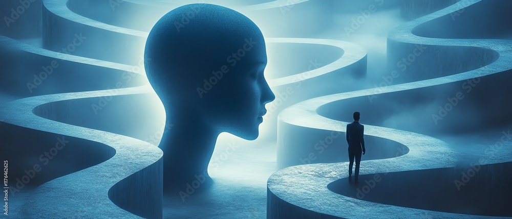 Poster abstract scene of a man walking through a corridor outlined in the shape of a head, symbolizing the 
