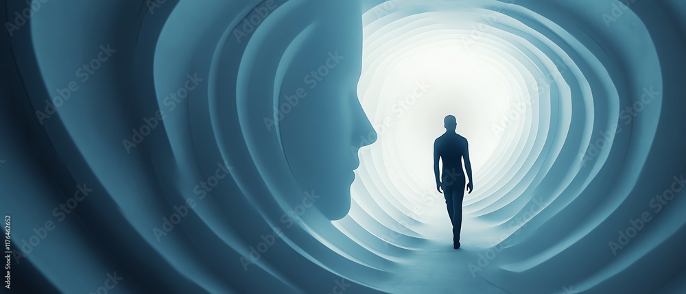 Poster abstract scene of a man walking through a corridor outlined in the shape of a head, symbolizing the 