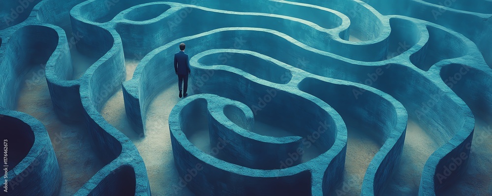 Poster abstract visualization of a man walking through a head outline corridor, navigating a maze represent