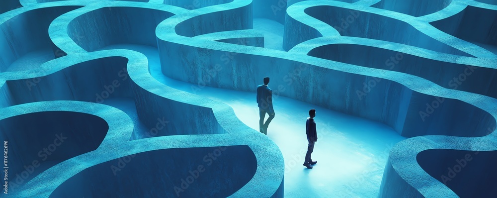 Poster abstract visualization of a man walking through a head outline corridor, navigating a maze represent