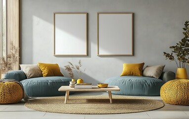 Modern living room interior with two blank frames, sofas, decor, and sunlight.