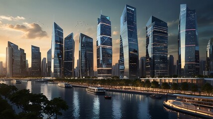 Obraz premium Futuristic Skyline at Sunset Vibrant Colors and Urban Energy V15
