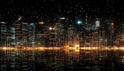 Fototapeta premium Cityscape at night enhanced with glowing digital mesh network lines, set against a dark background, symbolizing connectivity and the concept of a smart city