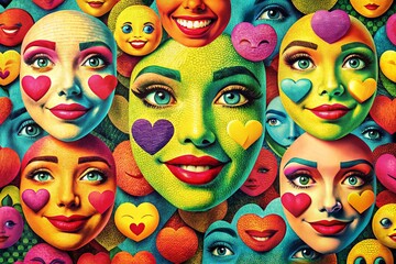 Obraz premium Vintage Colorful Emoji Collage: Hearts Eyes, Retro Feel