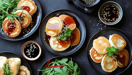 Assorted Jeon Platter with Soy Sauce and Fresh Ingredients on Black Background
