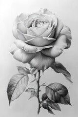 Pencil sketch, single rose, detailed petals, leaves, stem.