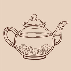 Teapot of tea with ginger. Hand drawn vector illustration in outline style.