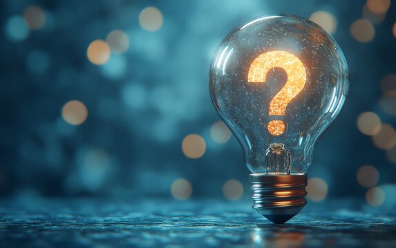 Futuristic lightbulb and question marks digital 3D rendering on a blue background, representing the fusion of ideas, creativity, and the exploration of questions