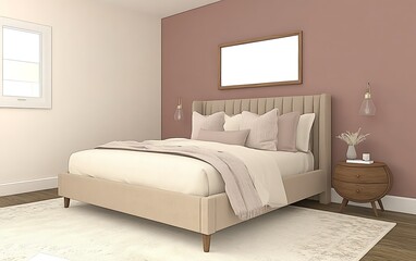 Modern bedroom interior with beige bed, rug, nightstand, and blank frame on pink wall.