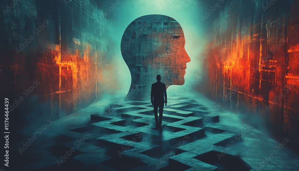 Poster man walking through a head outline corridor, surrounded by an abstract maze design, representing the