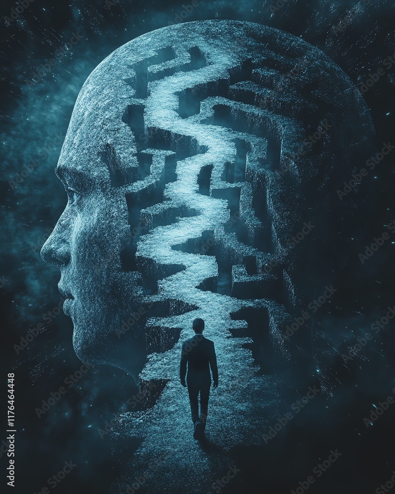 Poster man walking through a head outline corridor in an abstract style, with a maze path representing the 