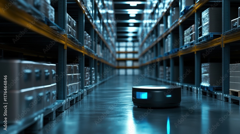 Poster innovative smart cobot collaborating in an automated warehouse environment enhancing efficiency and 