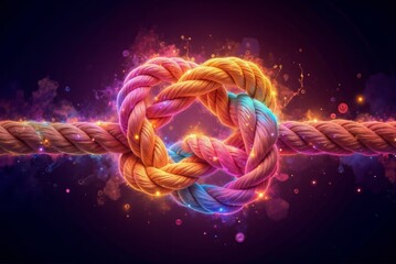 A colorful, glowing knot made of twisted rope with a vibrant sparkle against a dark background