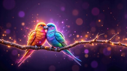 Two colorful birds perched on a branch, showcasing love and affection against a sparkling background