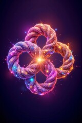 A colorful illuminated rope tied in a knot forming a decorative design against a dark background