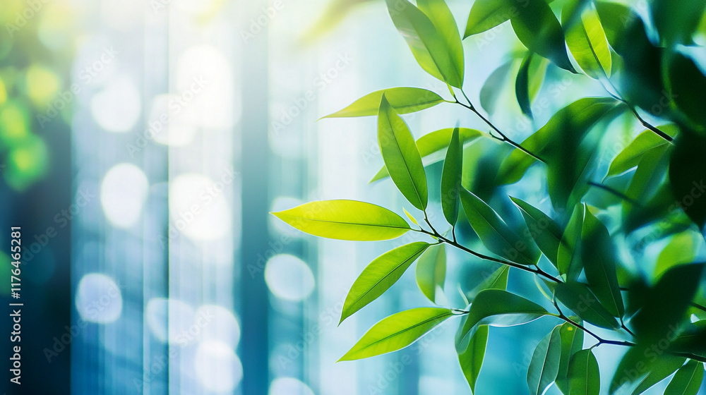 Poster lush green leaves sparkling in sunlight with soft bokeh background effect