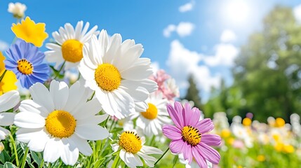Fototapeta premium Sunny Summer Meadow with Daisies Cosmos and Blue Flowers
