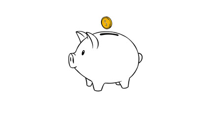 A minimal outline of a piggy bank with a single coin dropping into its slot, drawn in black on a white background.