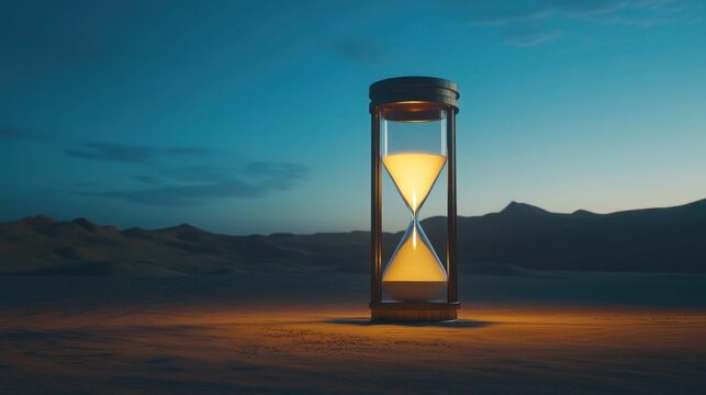 A giant hourglass filled with glowing sand suspended in the middle of a desolate desert, its shadow creating surreal patterns.