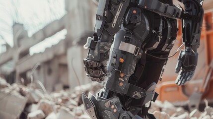 Fototapeta premium A close-up of a futuristic robotic arm amidst debris, showcasing advanced technology in a post-apocalyptic setting.