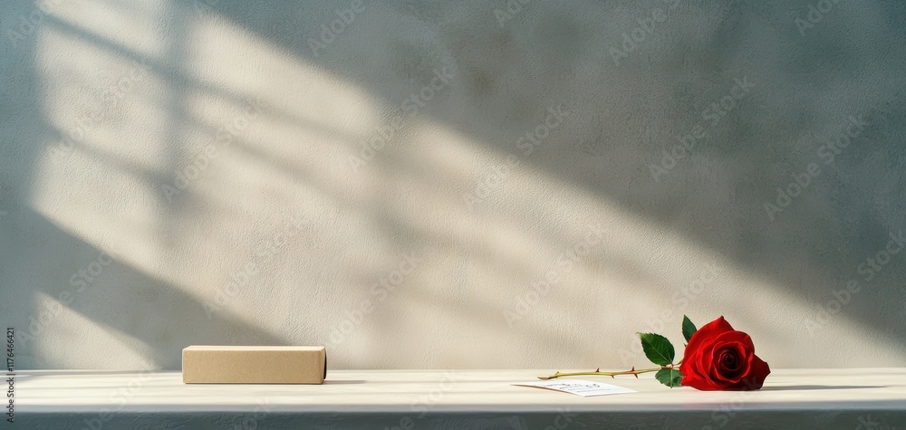 Poster a minimalist scene featuring a red rose and a small box on a table, illuminated by soft shadows agai