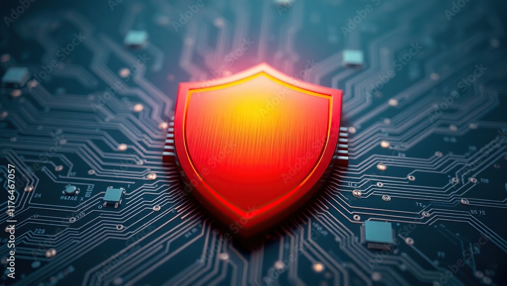 Poster red shield representing cybersecurity on circuit board