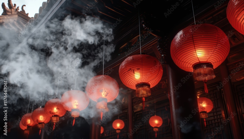 Poster the image features vibrant red lanterns hanging in a dimly lit space, surrounded by wisps of smoke, 