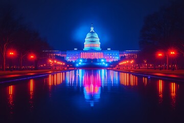 Obraz premium Night View of the US Capitol Building in Washington DC, illuminated with vibrant colors, reflecting in a calm pond.