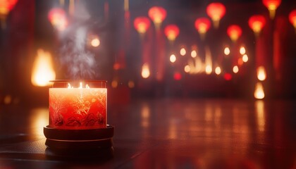 A glowing candle illuminates a dimly lit space filled with red lanterns, creating a warm and serene ambiance.