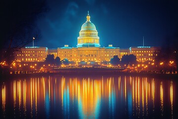 Obraz premium Night view of the illuminated United States Capitol Building in Washington, DC, reflecting beautifully in the calm waters.