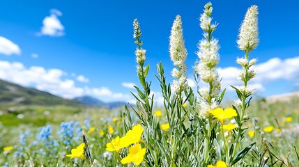 Vibrant Wildflowers Meadow Spring Landscape  Mountain Blue Sky